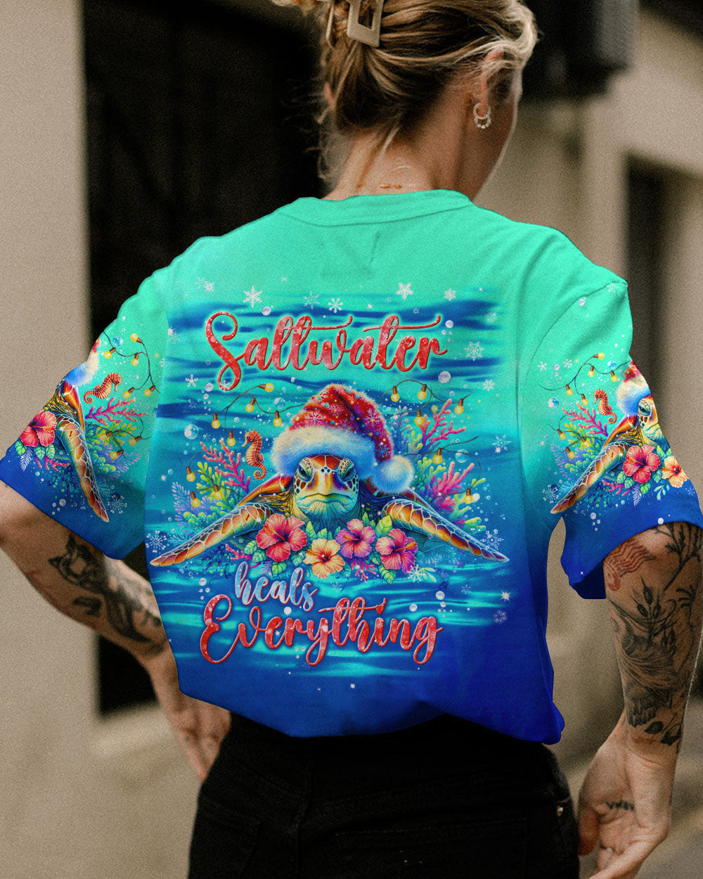 BLISSCORNERS SALTWATER HEALS EVERYTHING TURTLE CHRISTMAS ALL OVER PRINT