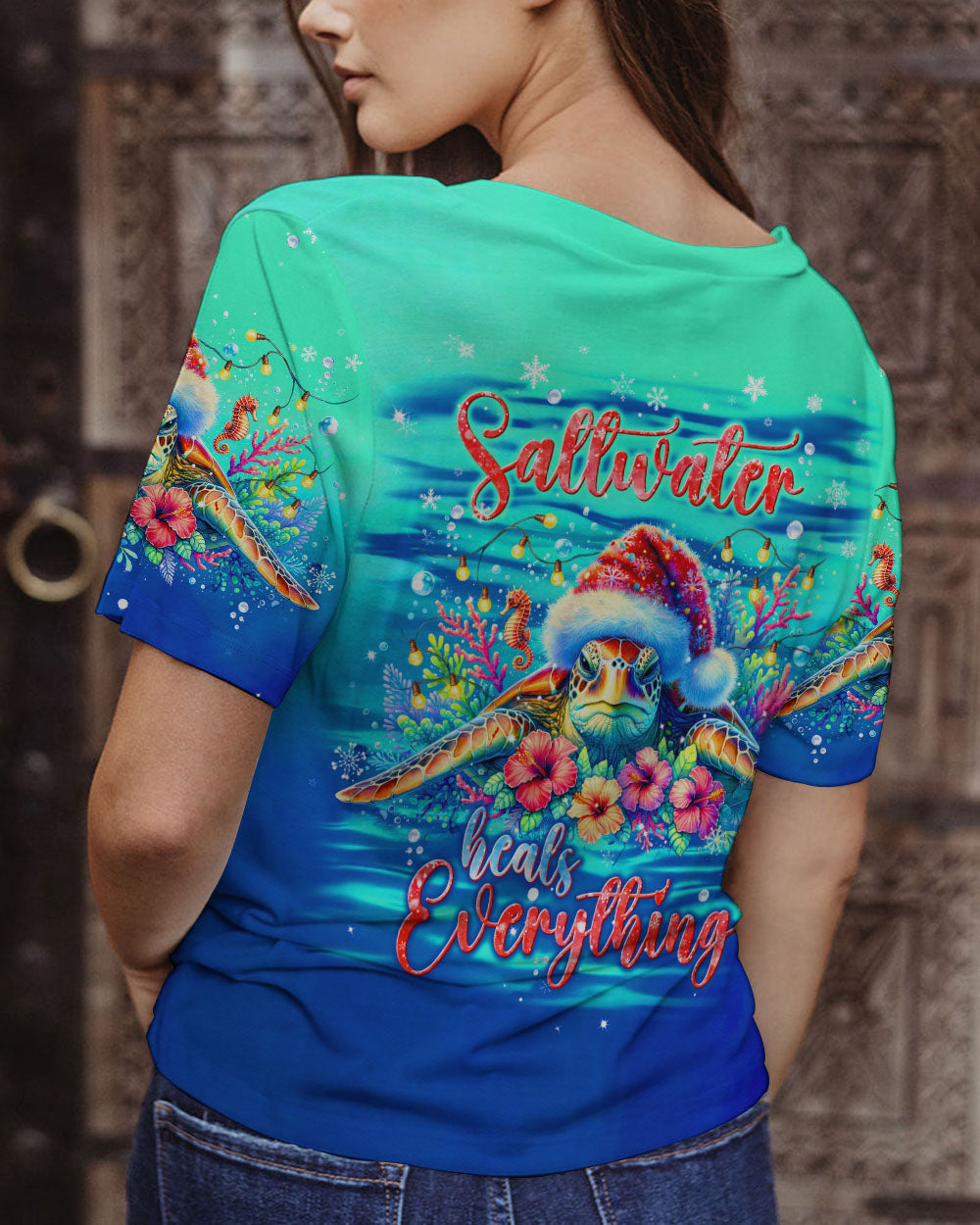 BLISSCORNERS SALTWATER HEALS EVERYTHING TURTLE CHRISTMAS ALL OVER PRINT