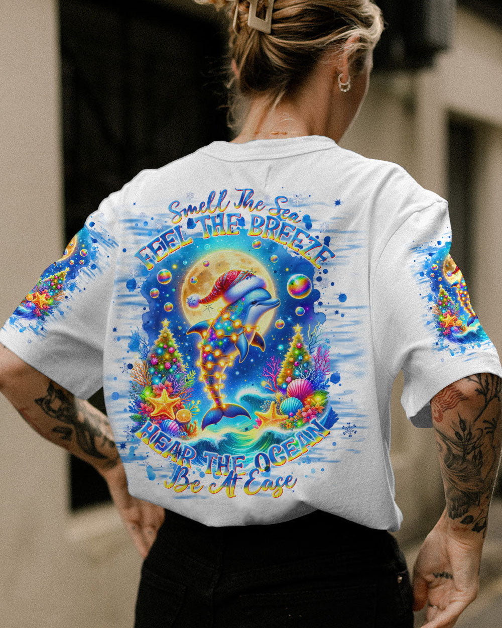 BLISSCORNERS SMELL THE SEA FEEL THE BREEZE DOLPHIN CHRISTMAS ALL OVER PRINT