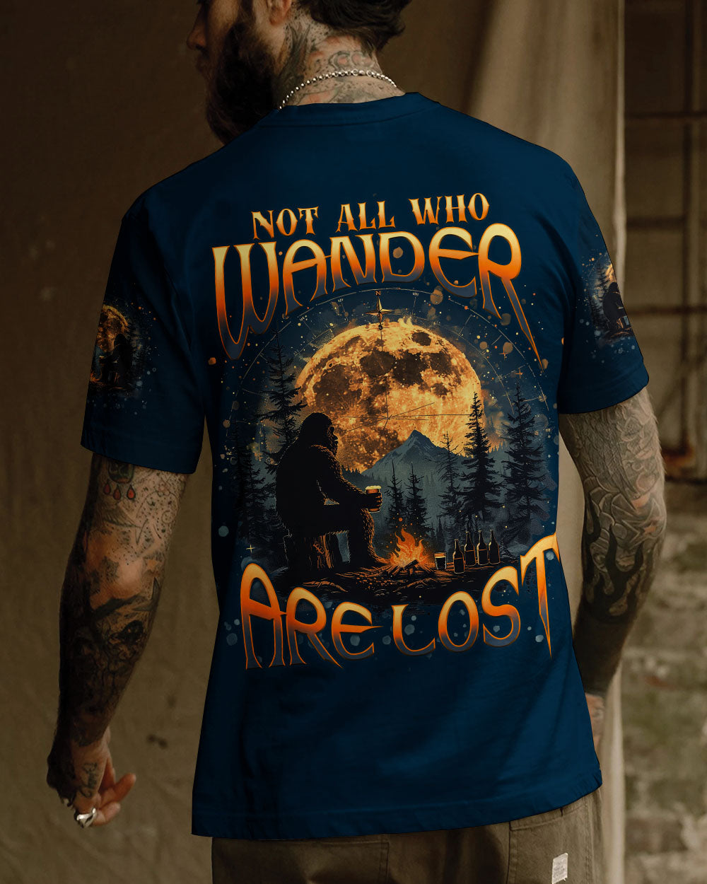 BLISSCORNERS NOT ALL WHO WANDER ARE LOST BIGFOOT COMPASS ALL OVER PRINT