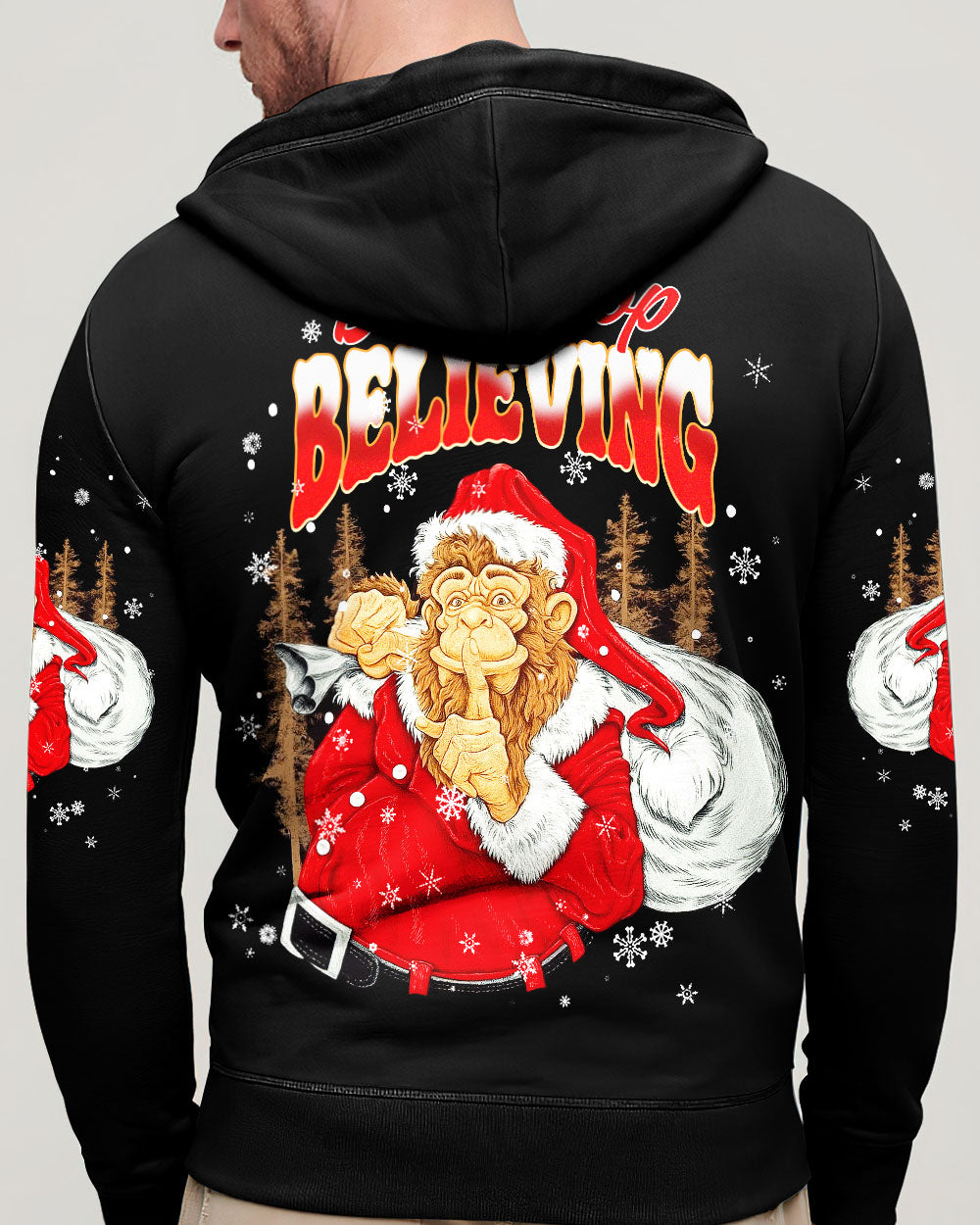 BLISSCORNERS DON'T STOP BELIEVING BIGFOOT CHRISTMAS ALL OVER PRINT