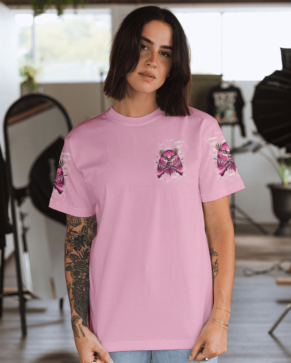 BLISSCORNERS PRETTY IN PINK HUNTING DEER ALL OVER PRINT