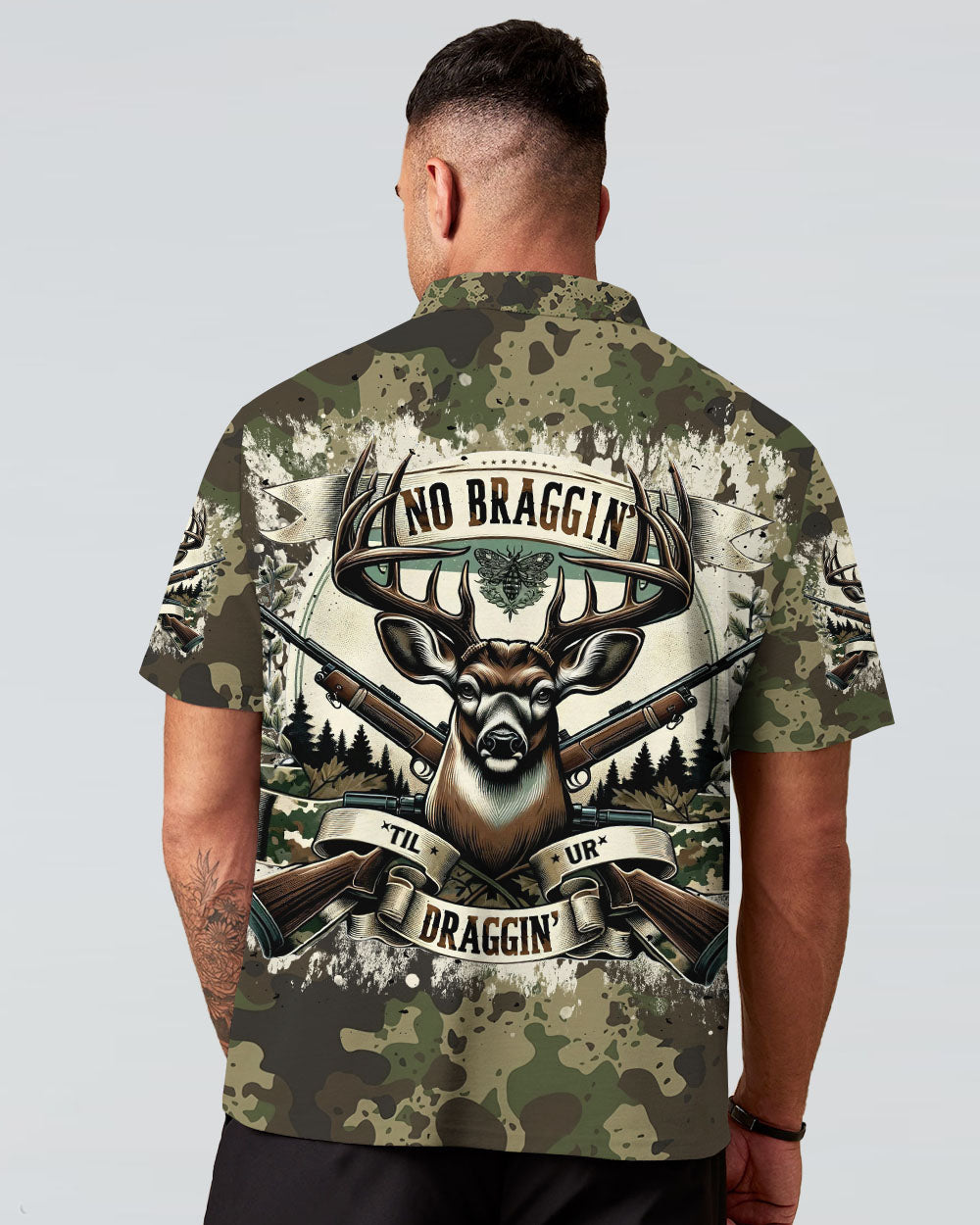 BLISSCORNERS NO BRAGGING UNTIL YOU'RE DRAGGING HUNTING ALL OVER PRINT