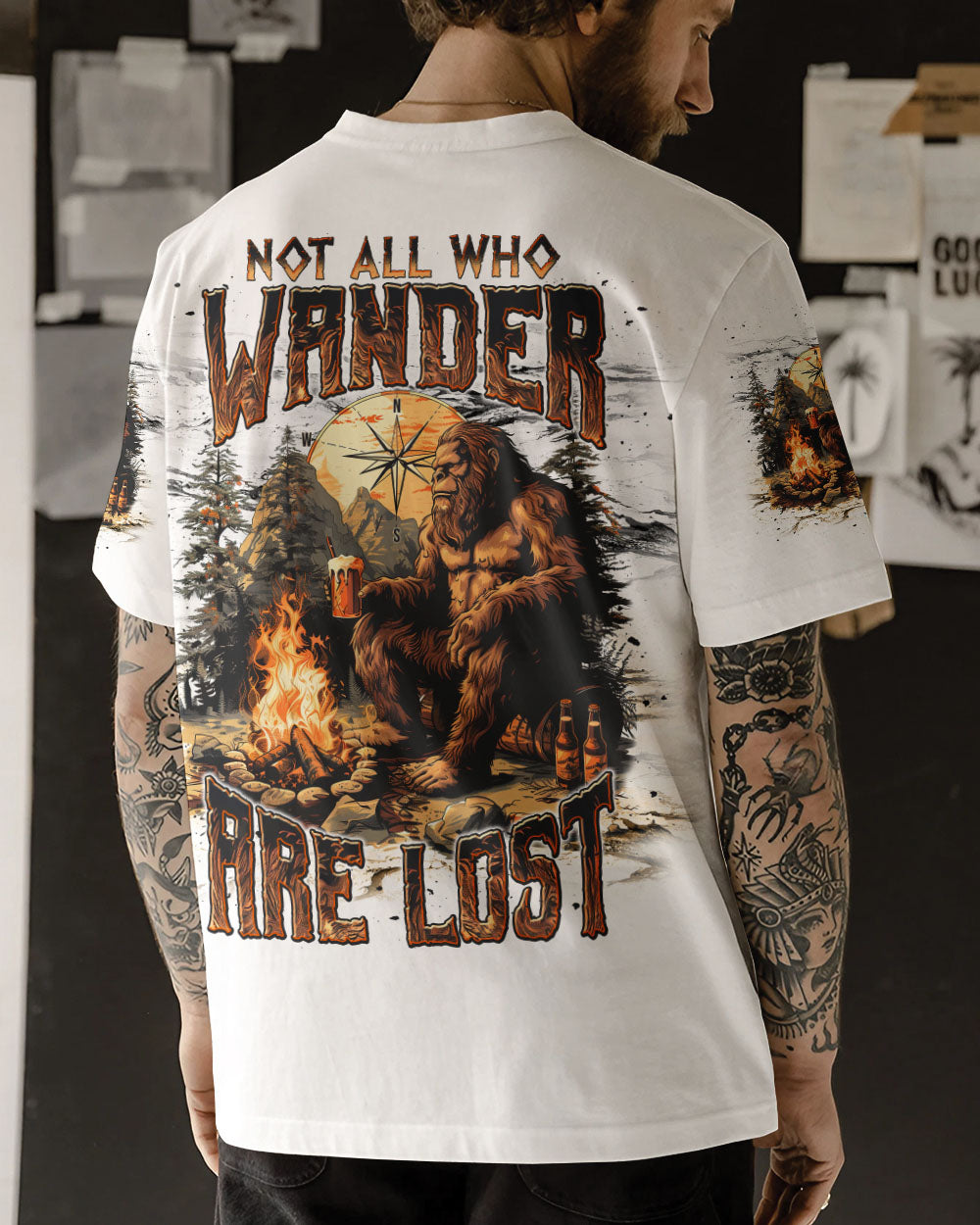 BLISSCORNERS NOT ALL WHO WANDER ARE LOST BIGFOOT COMPASS ALL OVER PRINT