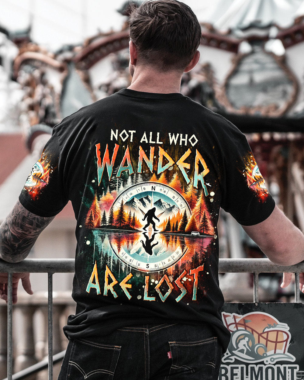 BLISSCORNERS NOT ALL WHO WANDER ARE LOST BIGFOOT COMPASS ALL OVER PRINT