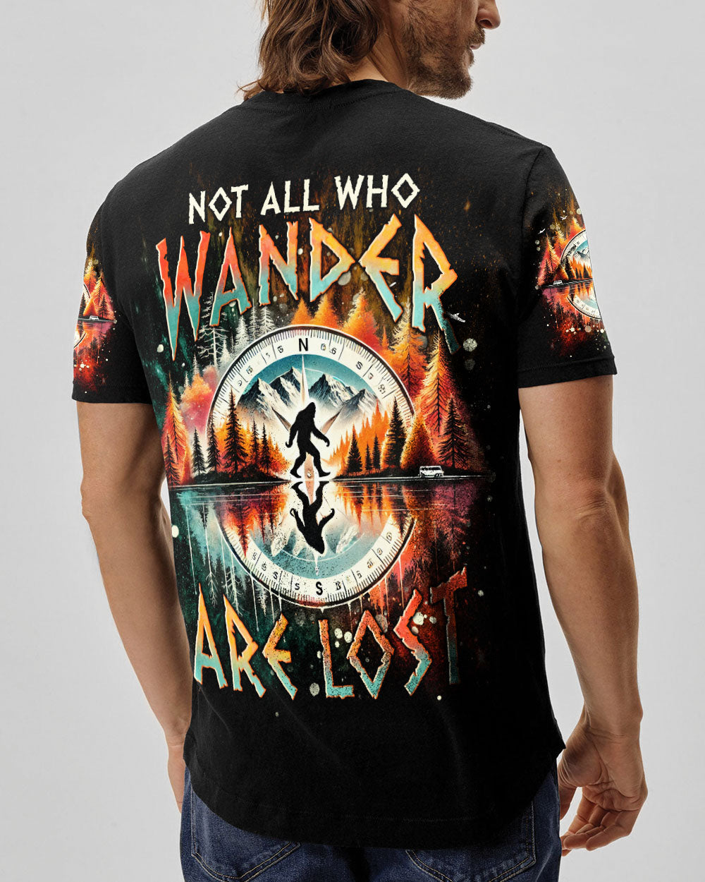 BLISSCORNERS NOT ALL WHO WANDER ARE LOST BIGFOOT COMPASS ALL OVER PRINT