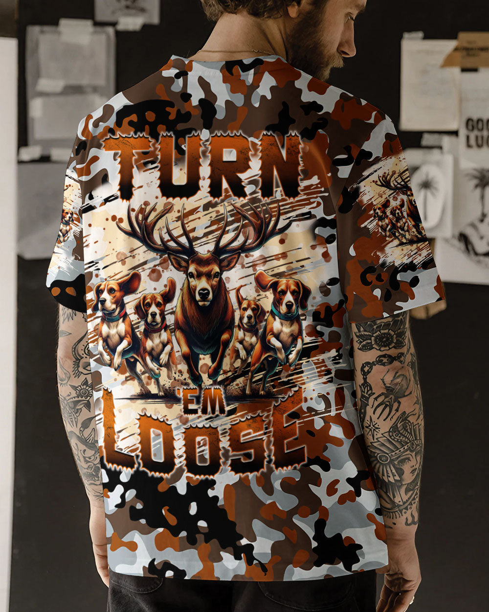 BLISSCORNERS TURN 'EM LOOSE HUNTING DEER FOXHOUND DOG ALL OVER PRINT