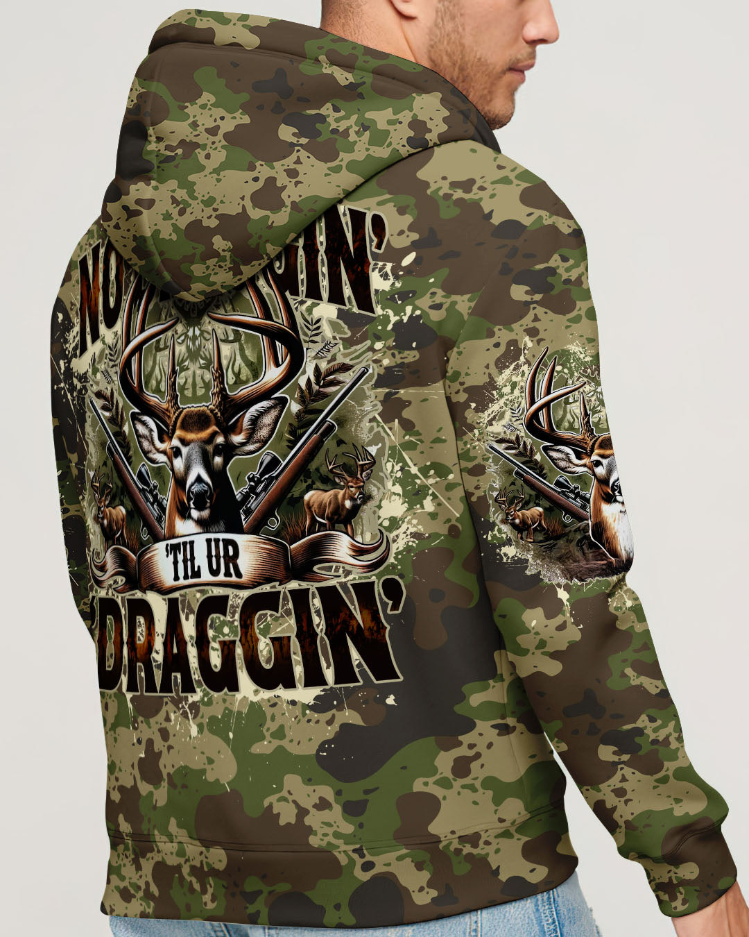BLISSCORNERS NO BRAGGING UNTIL YOU'RE  DRAGGING HUNTING ALL OVER PRINT