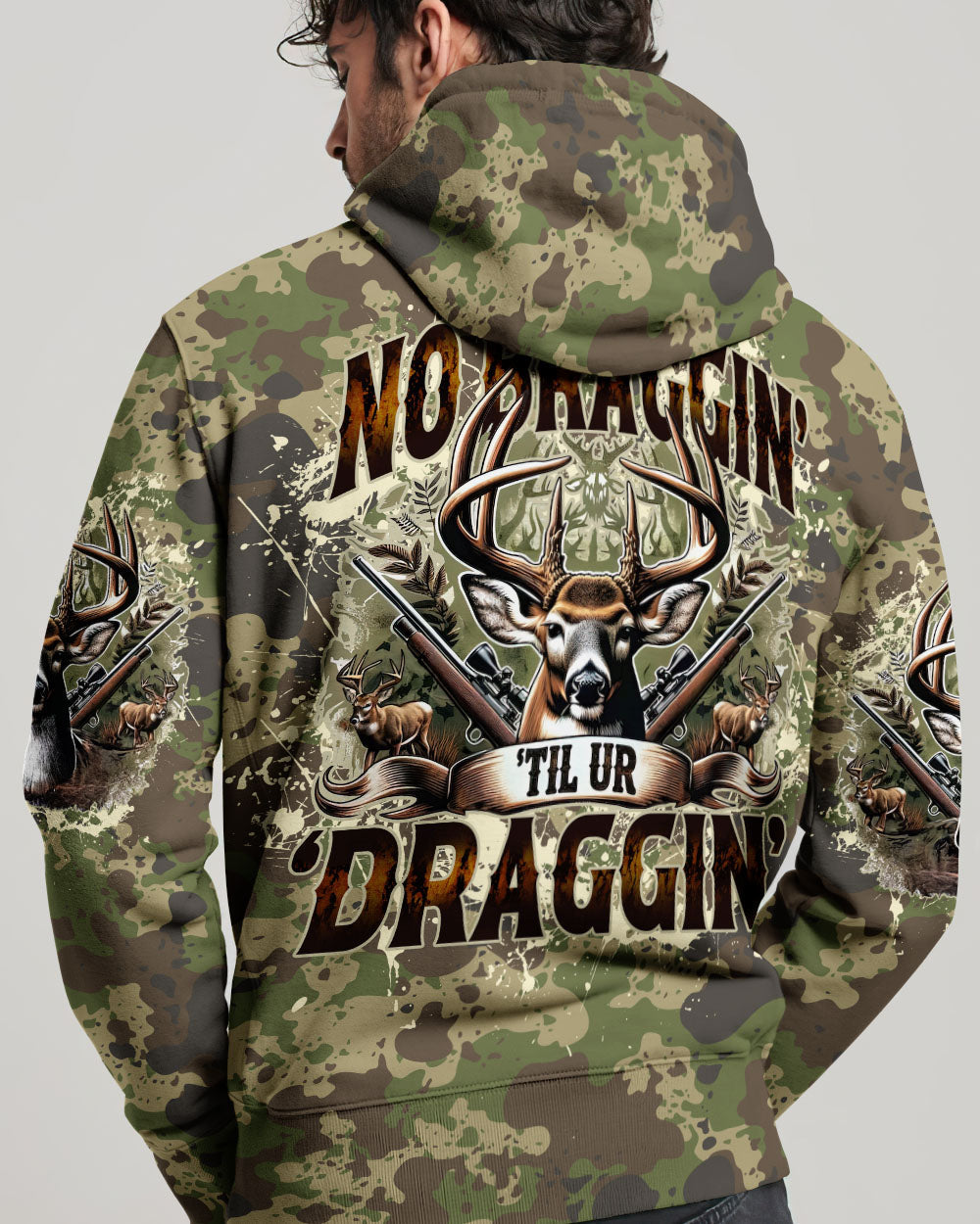 BLISSCORNERS NO BRAGGING UNTIL YOU'RE  DRAGGING HUNTING ALL OVER PRINT