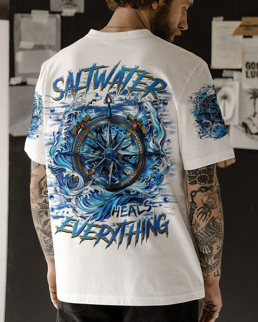 BLISSCORNERS SALTWATER HEALS EVERYTHING COMPASS WAVES OCEAN ALL OVER PRINT