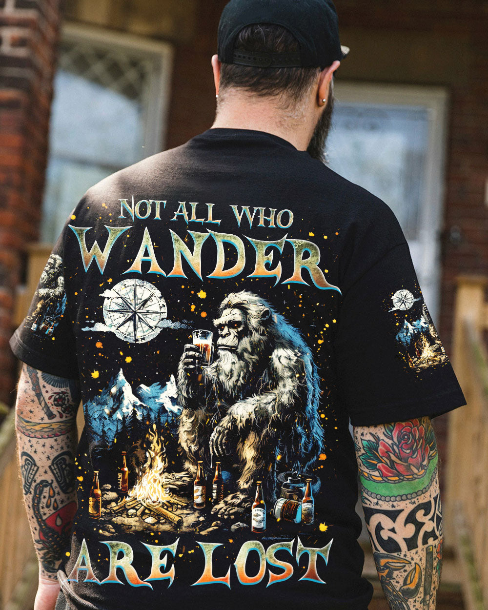 BLISSCORNERS NOT ALL WHO WANDER ARE LOST BIGFOOT COMPASS ALL OVER PRINT