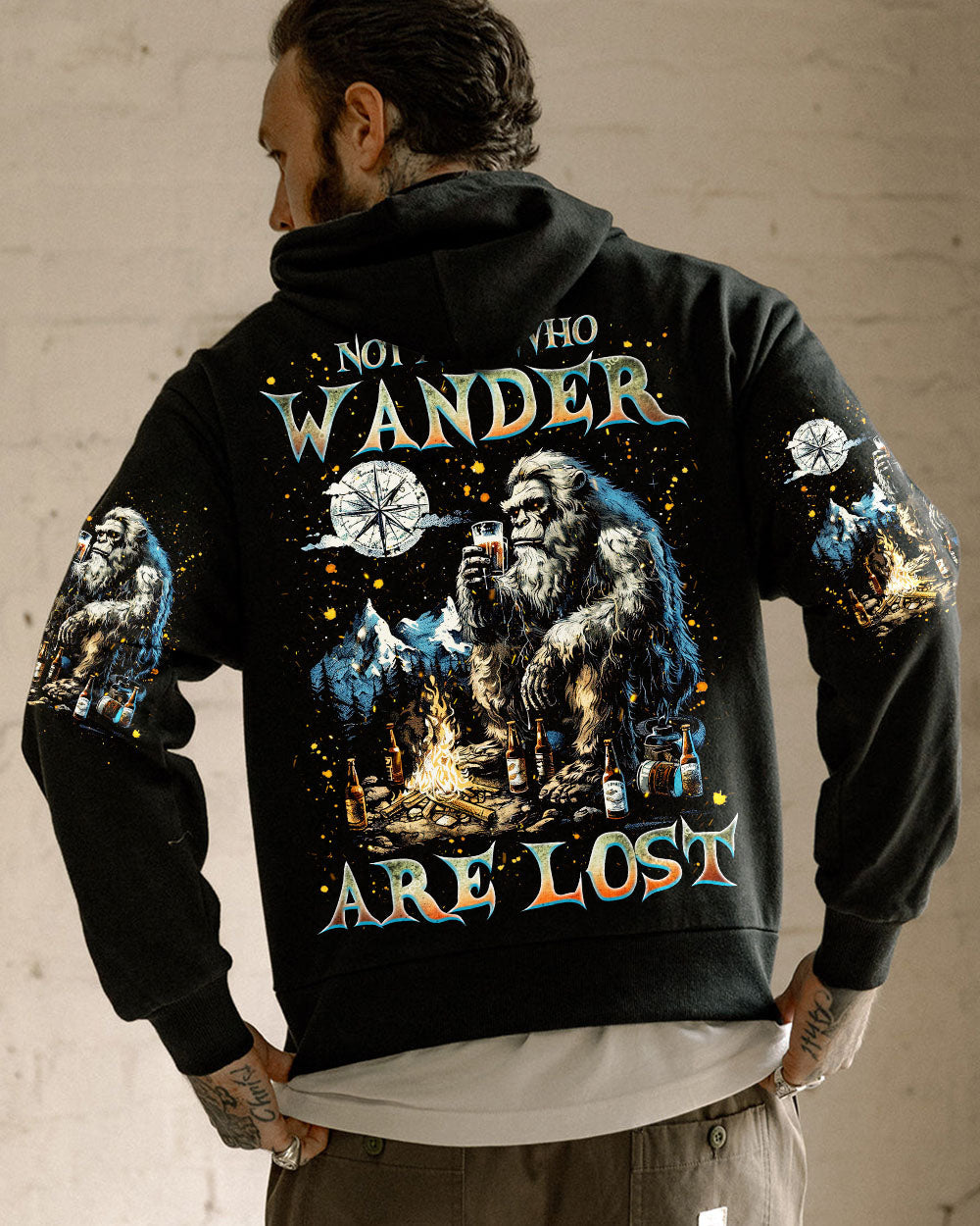 BLISSCORNERS NOT ALL WHO WANDER ARE LOST BIGFOOT COMPASS ALL OVER PRINT