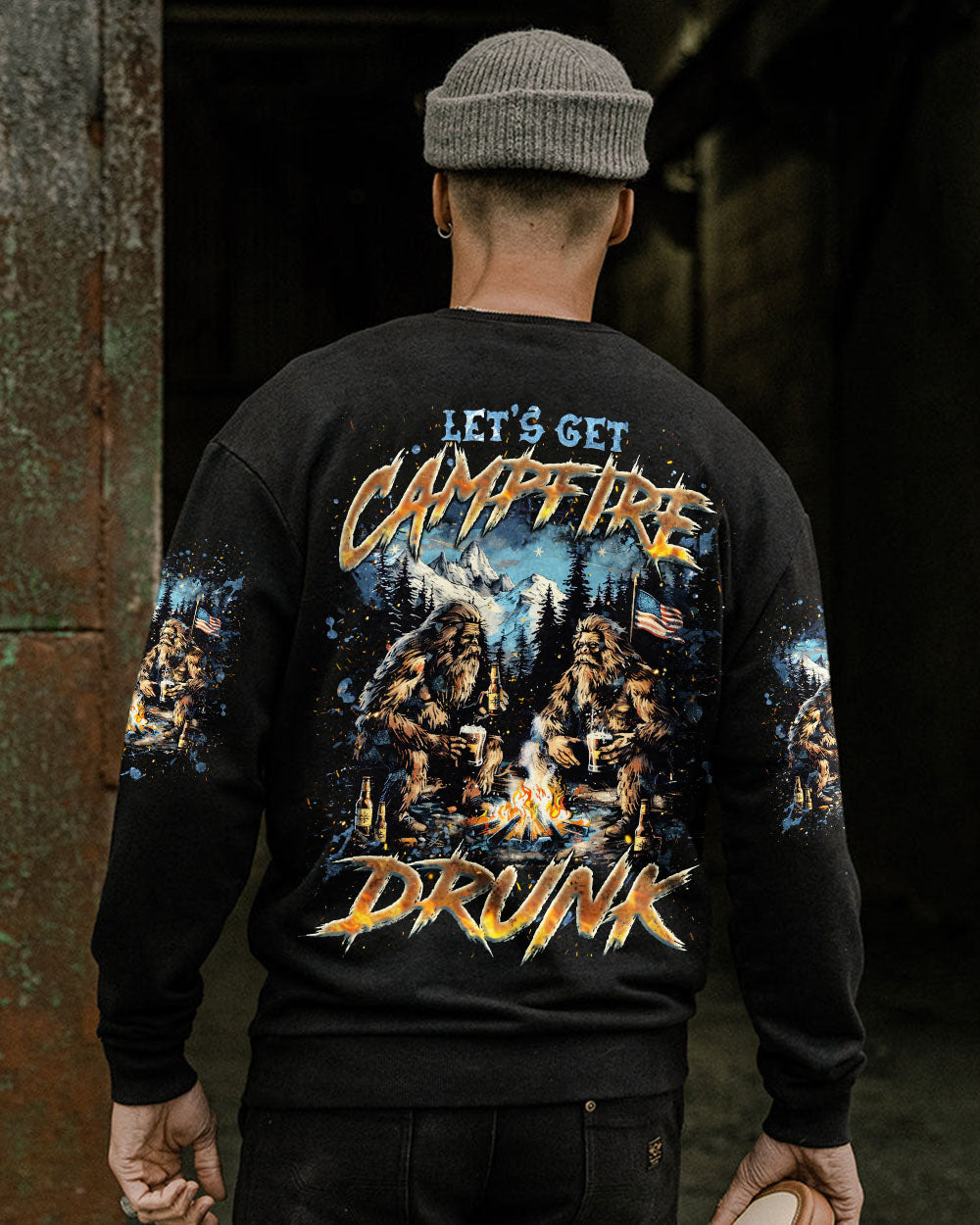 BLISSCORNERS LET'S GET CAMPFIRE DRUNK BIGFOOT ALL OVER PRINT