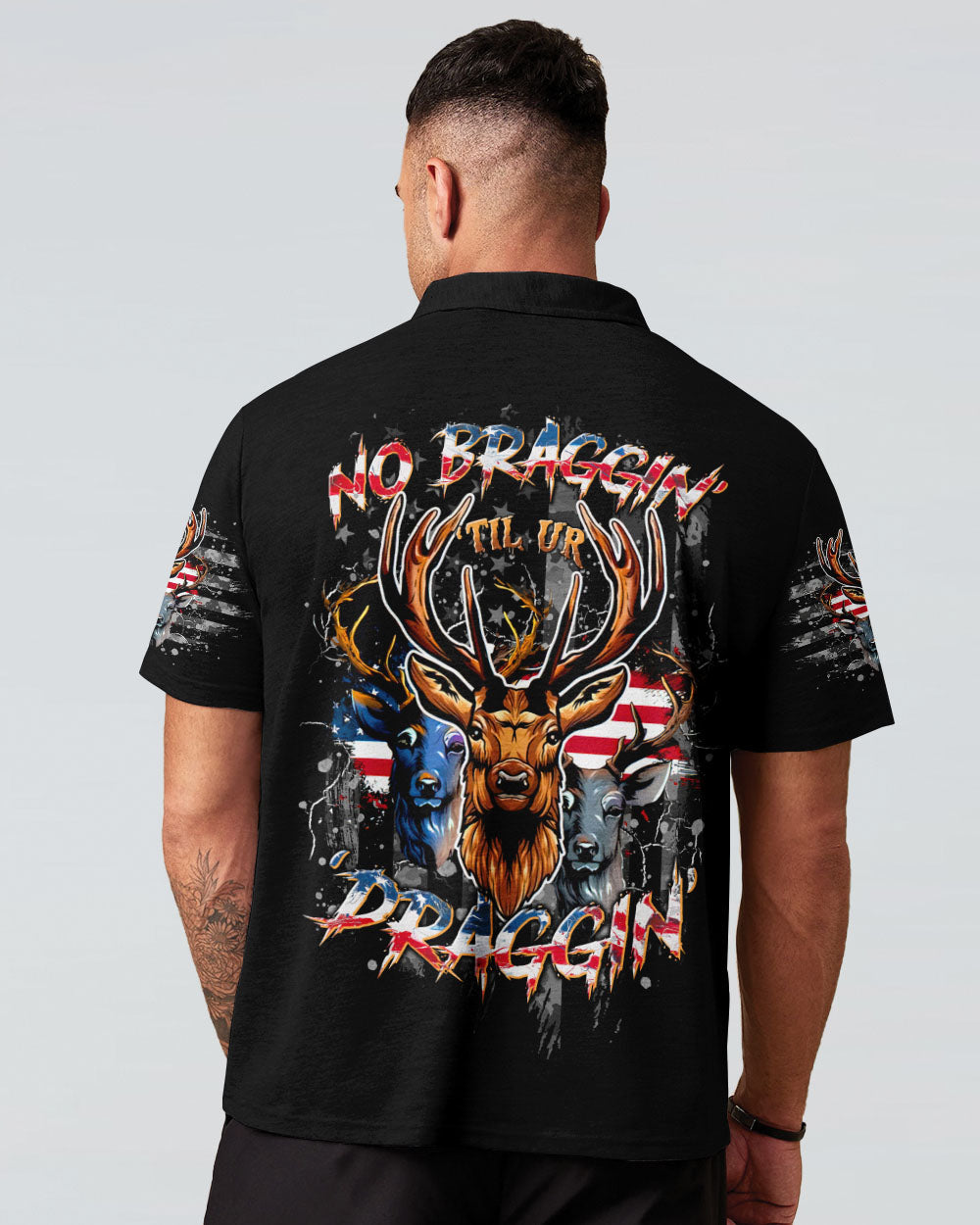 BLISSCORNERS NO BRAGGING UNTIL YOU'RE  DRAGGING HUNTING ALL OVER PRINT