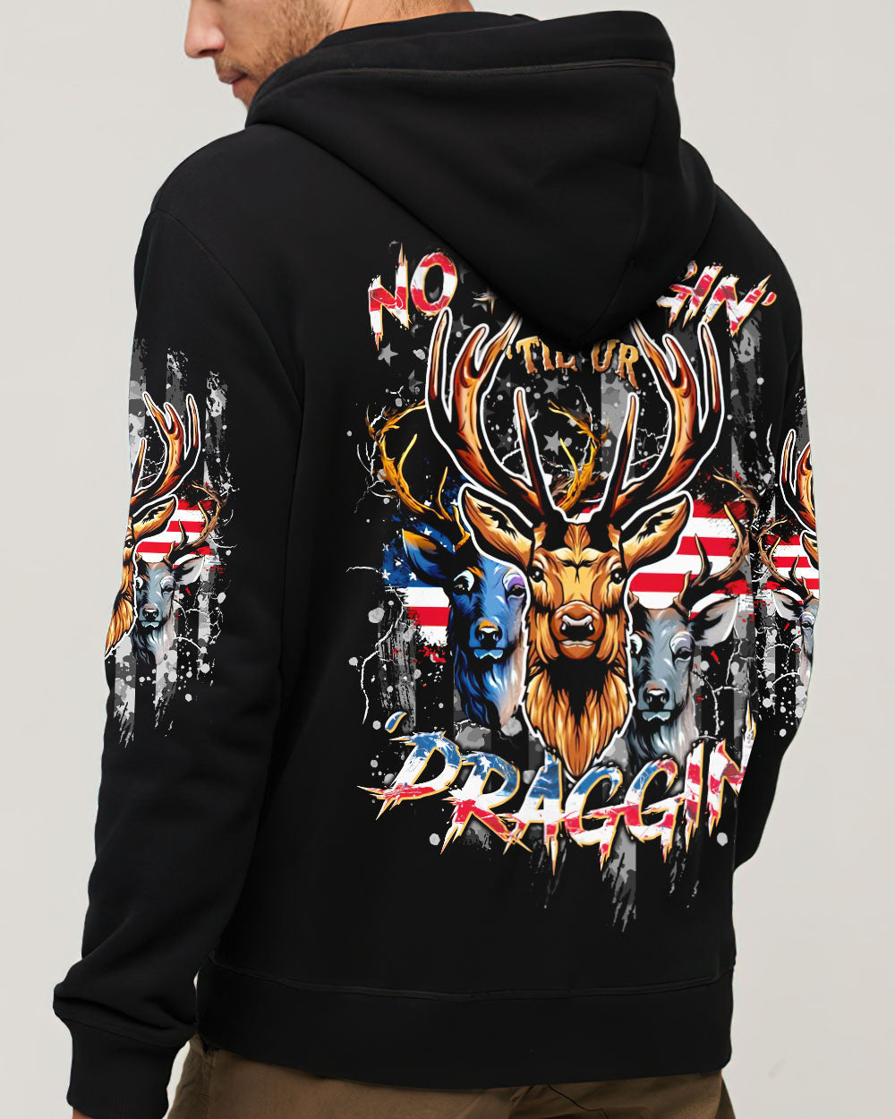 BLISSCORNERS NO BRAGGING UNTIL YOU'RE  DRAGGING HUNTING ALL OVER PRINT