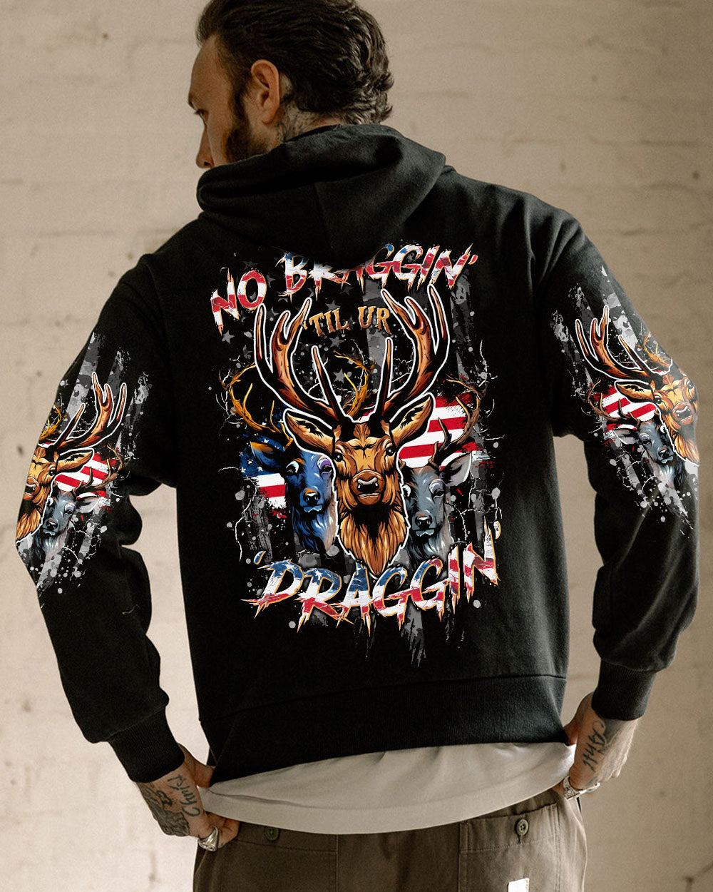 BLISSCORNERS NO BRAGGING UNTIL YOU'RE  DRAGGING HUNTING ALL OVER PRINT