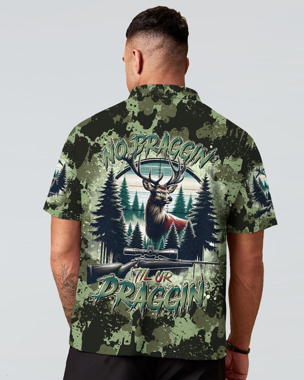 BLISSCORNERS NO BRAGGING UNTIL YOU'RE  DRAGGING DEER HUNTING ALL OVER PRINT