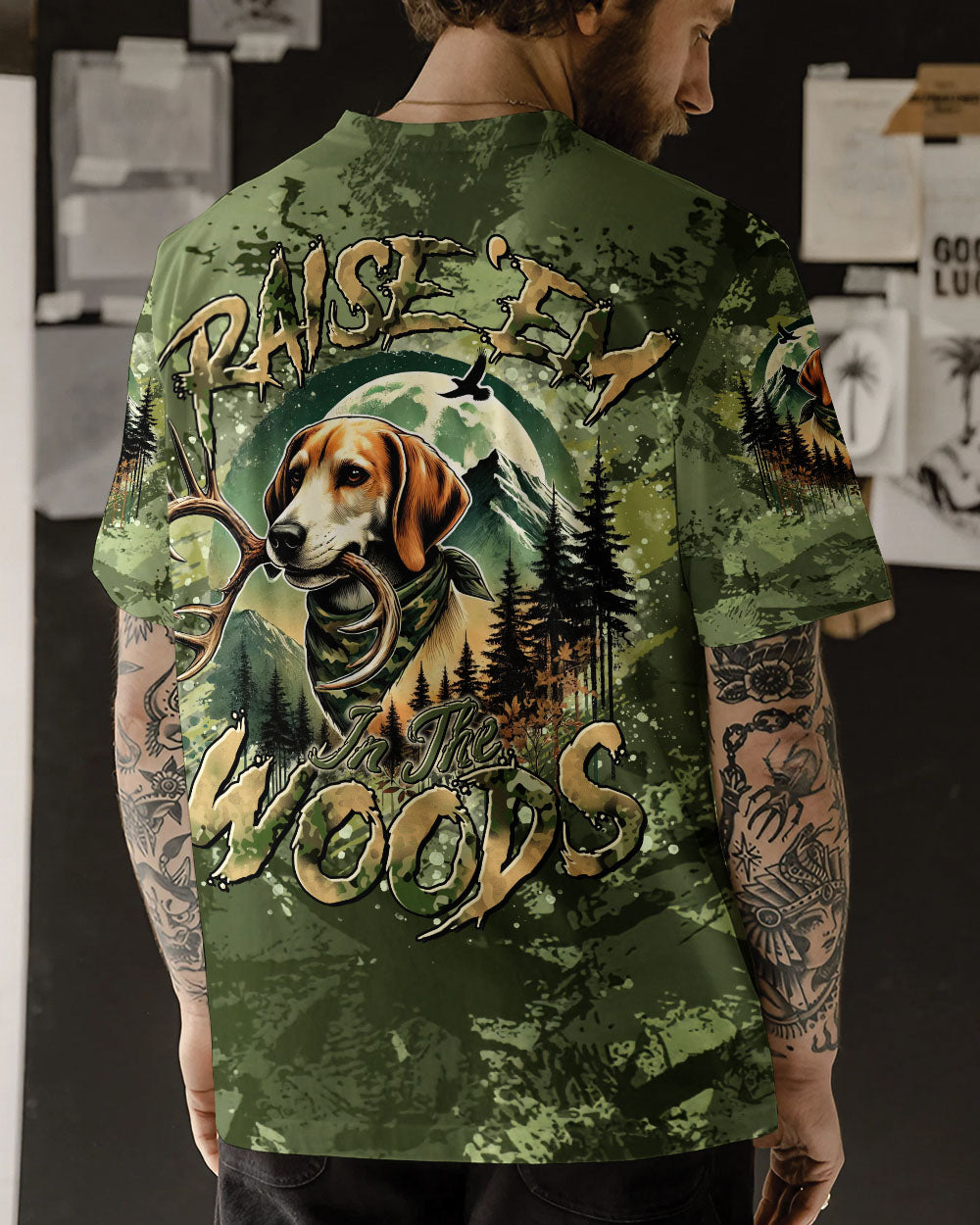 BLISSCORNERS RAISE 'EM IN THE WOODS DEER HUNTING FOXHOUND DOG ALL OVER PRINT