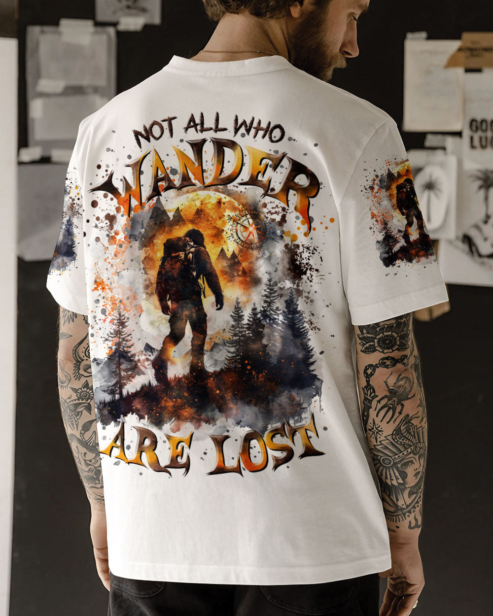 BLISSCORNERS NOT ALL WHO WANDER ARE LOST BIGFOOT COMPASS ALL OVER PRINT