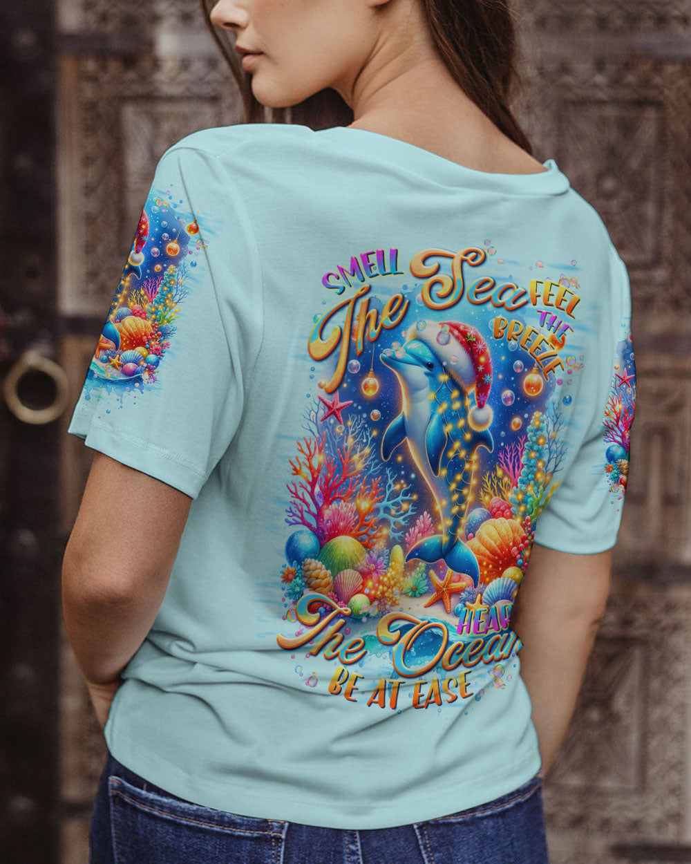 BLISSCORNERS SMELL THE SEA FEEL THE BREEZE DOLPHIN CHRISTMAS ALL OVER PRINT