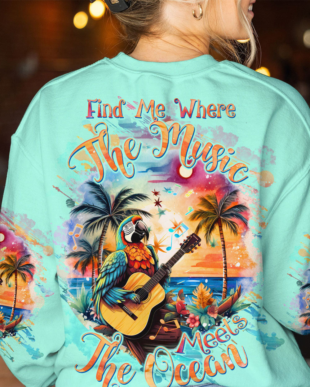 BLISSCORNERS FIND ME WHERE THE MUSIC MEETS THE OCEAN PARROT ALL OVER PRINT