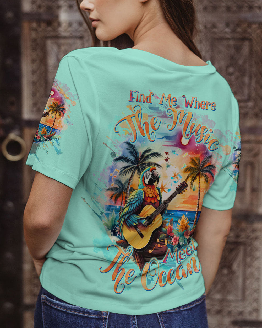 BLISSCORNERS FIND ME WHERE THE MUSIC MEETS THE OCEAN PARROT ALL OVER PRINT