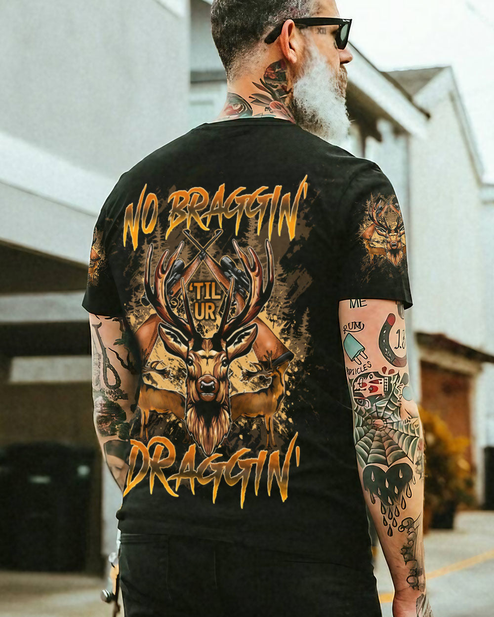 BLISSCORNERS NO BRAGGING UNTIL YOU'RE  DRAGGING HUNTING DEER ALL OVER PRINT