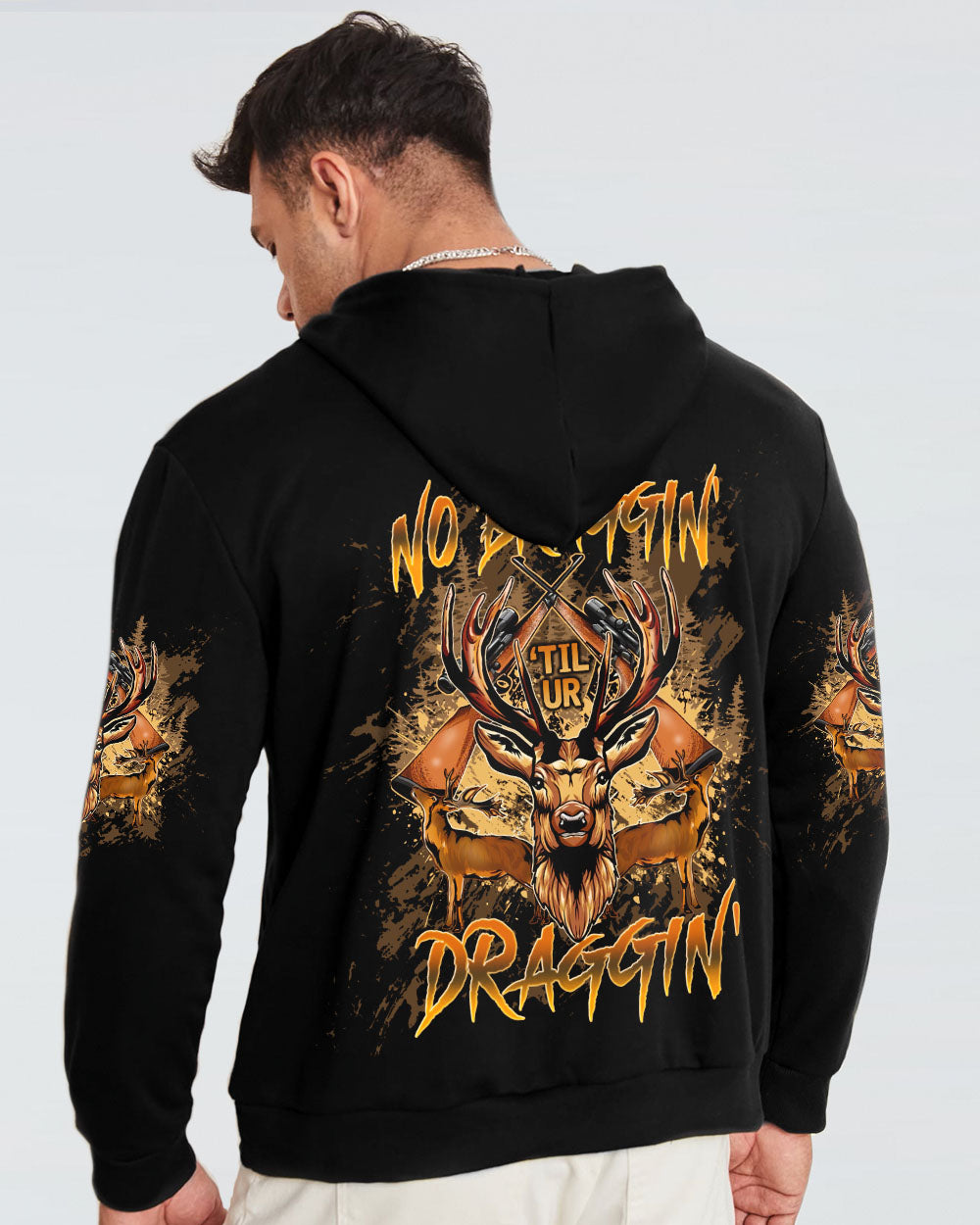 BLISSCORNERS NO BRAGGING UNTIL YOU'RE  DRAGGING HUNTING DEER ALL OVER PRINT