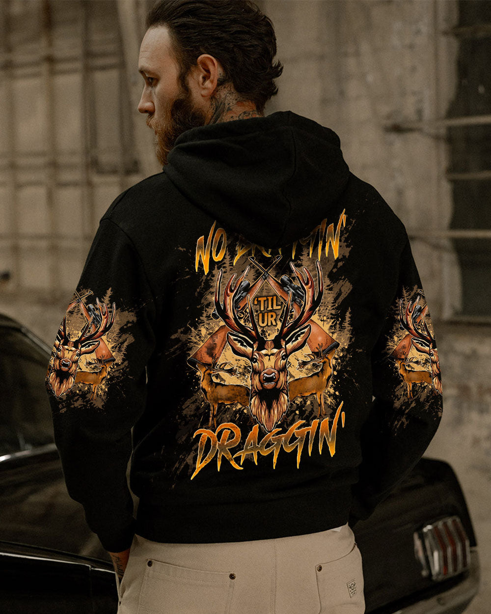BLISSCORNERS NO BRAGGING UNTIL YOU'RE  DRAGGING HUNTING DEER ALL OVER PRINT