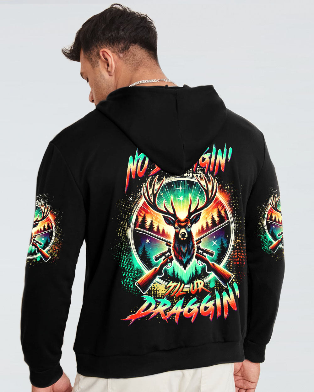 BLISSCORNERS NO BRAGGING UNTIL YOU'RE DRAGGING DEER HUNTING ALL OVER PRINT