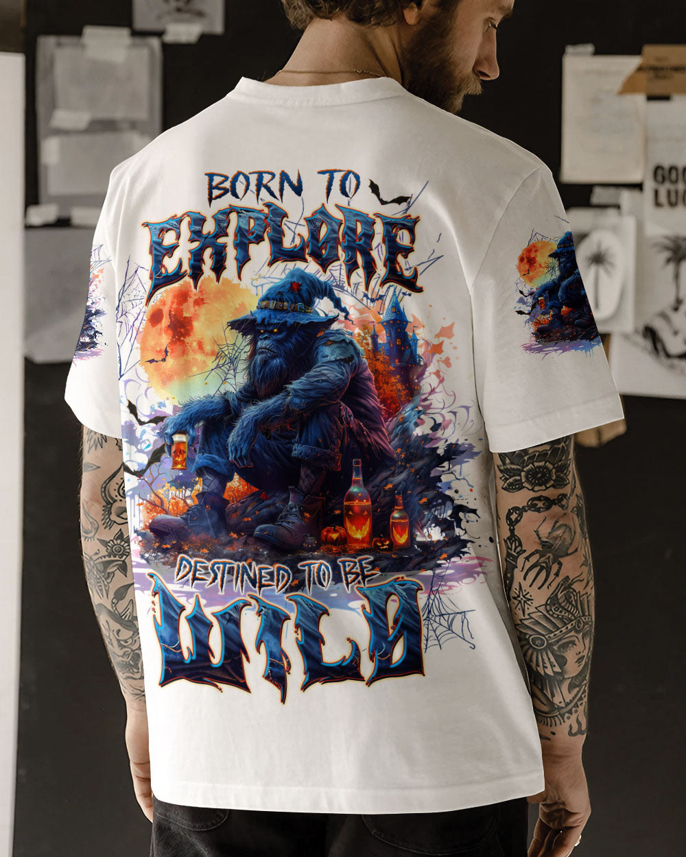 BLISSCORNERS BORN TO EXPLORE DESTINED TO BE WILD BIGFOOT HALLOWEEN ALL OVER PRINT