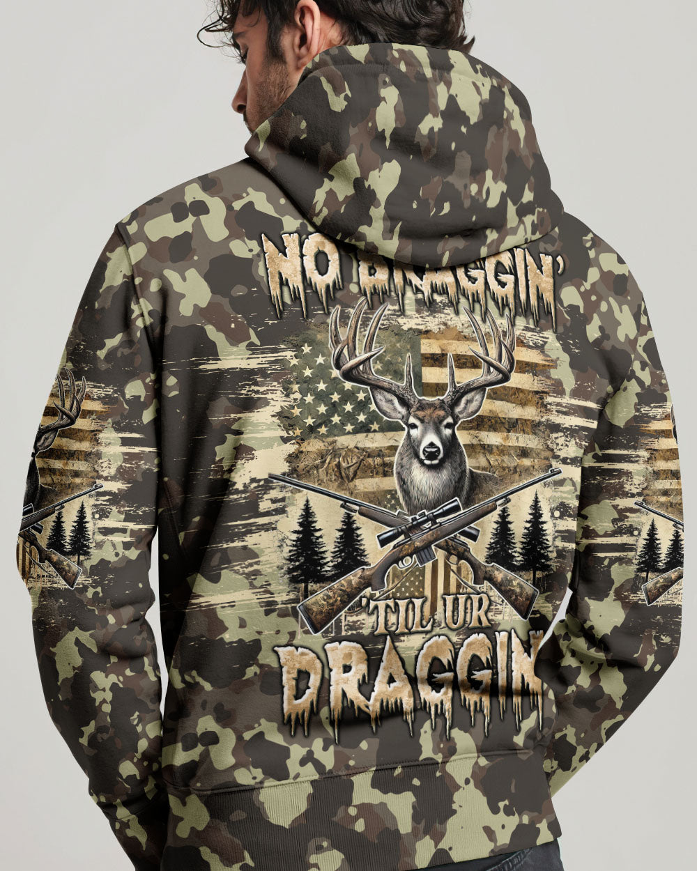 BLISSCORNERS NO BRAGGING UNTIL YOU'RE DRAGGING DEER HUNTING ALL OVER PRINT