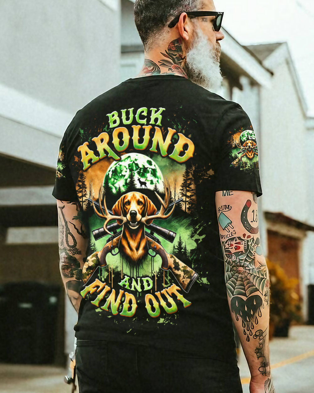 BLISSCORNERS BUCK AROUND AND FIND OUT DEER HUNTING FOXHOUND DOG ALL OVER PRINT