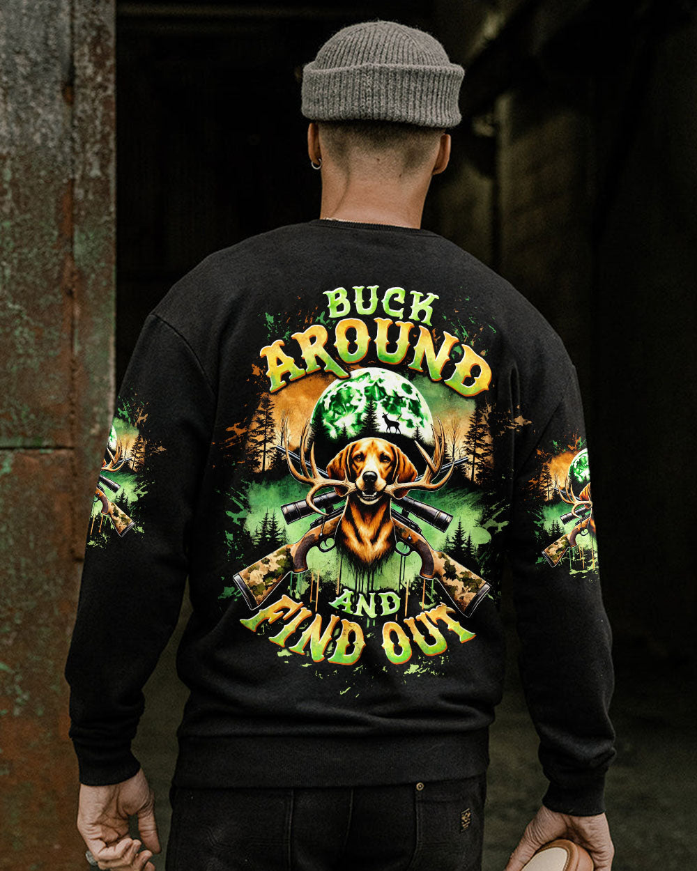 BLISSCORNERS BUCK AROUND AND FIND OUT DEER HUNTING FOXHOUND DOG ALL OVER PRINT