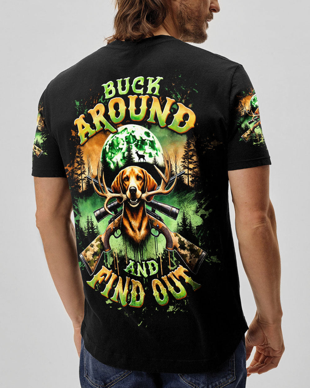 BLISSCORNERS BUCK AROUND AND FIND OUT DEER HUNTING FOXHOUND DOG ALL OVER PRINT