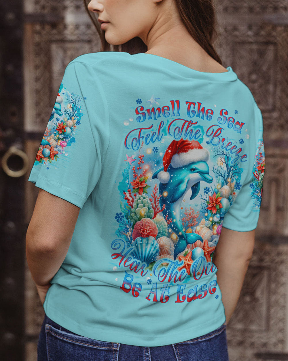 BLISSCORNERS SMELL THE SEA FEEL THE BREEZE DOLPHIN CHRISTMAS ALL OVER PRINT