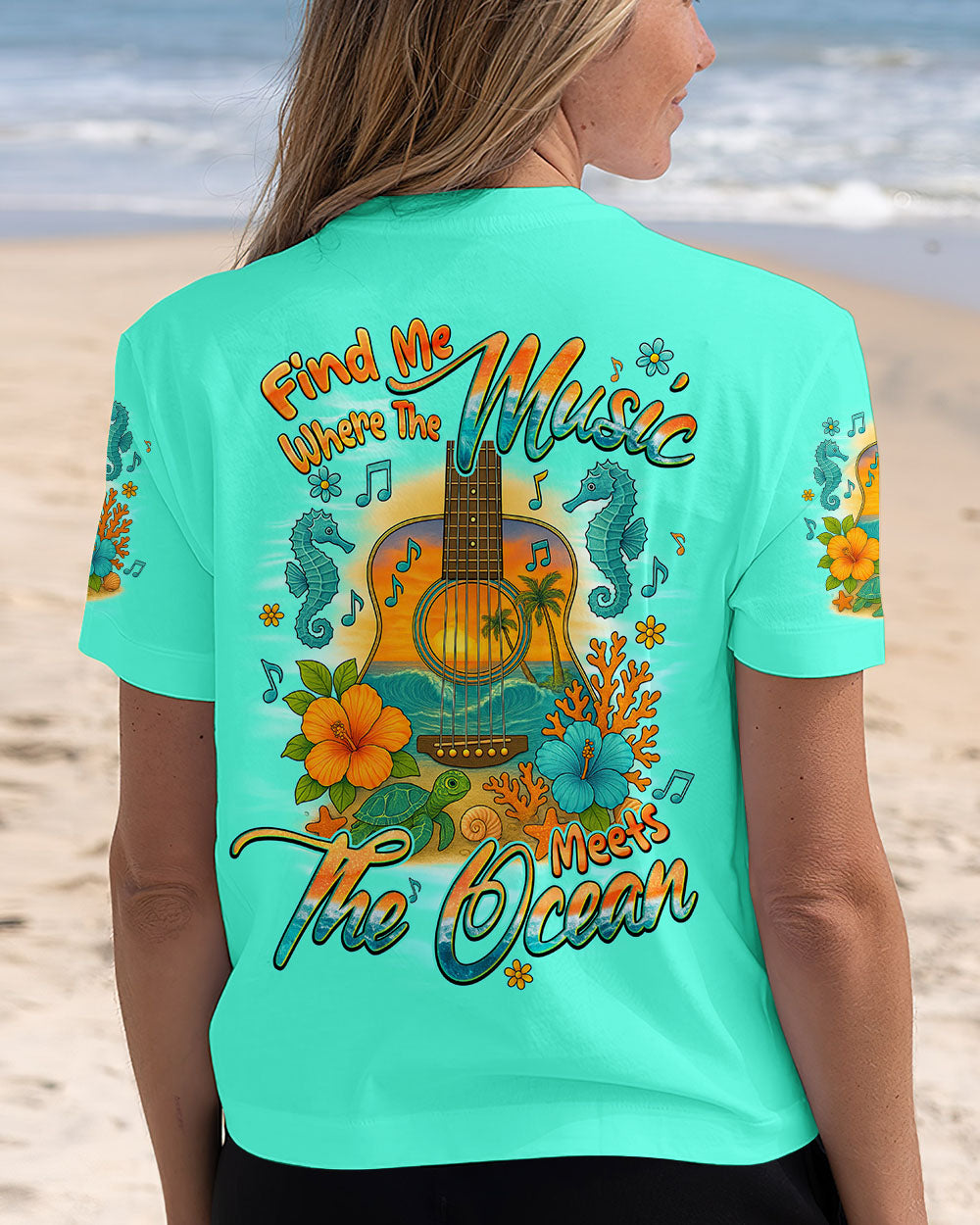 BLISSCORNERS FIND ME WHERE THE MUSIC MEETS THE OCEAN GUITAR ALL OVER PRINT