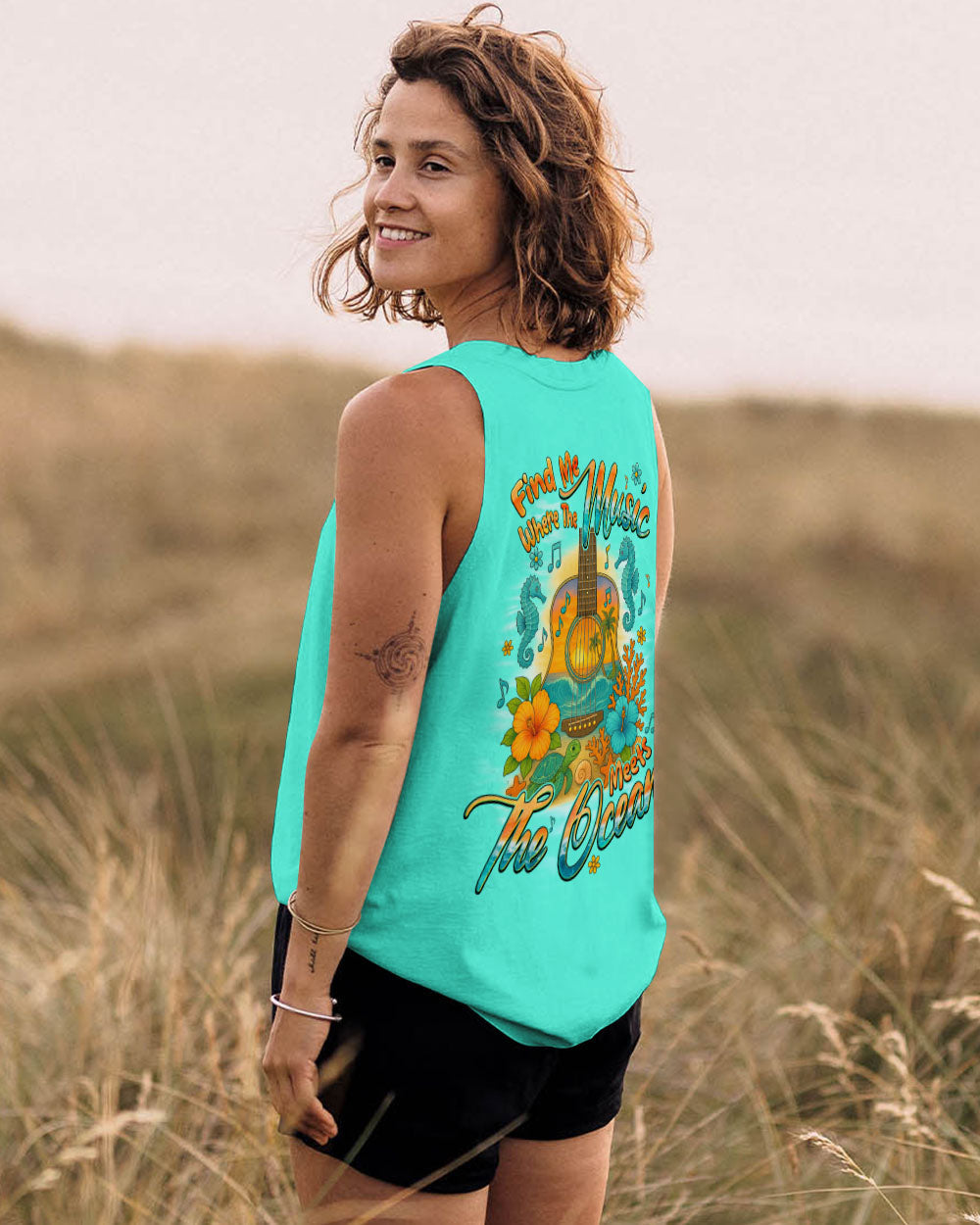 BLISSCORNERS FIND ME WHERE THE MUSIC MEETS THE OCEAN GUITAR ALL OVER PRINT