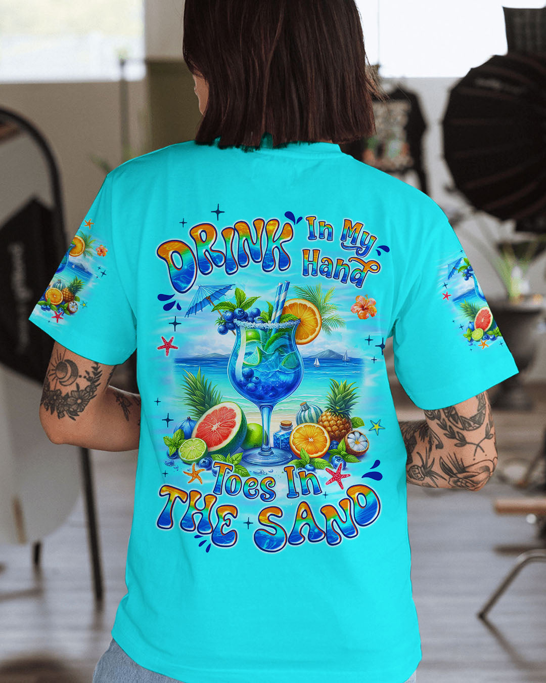 BLISSCORNERS DRINK IN MY HAND TOES IN THE SAND ALL OVER PRINT