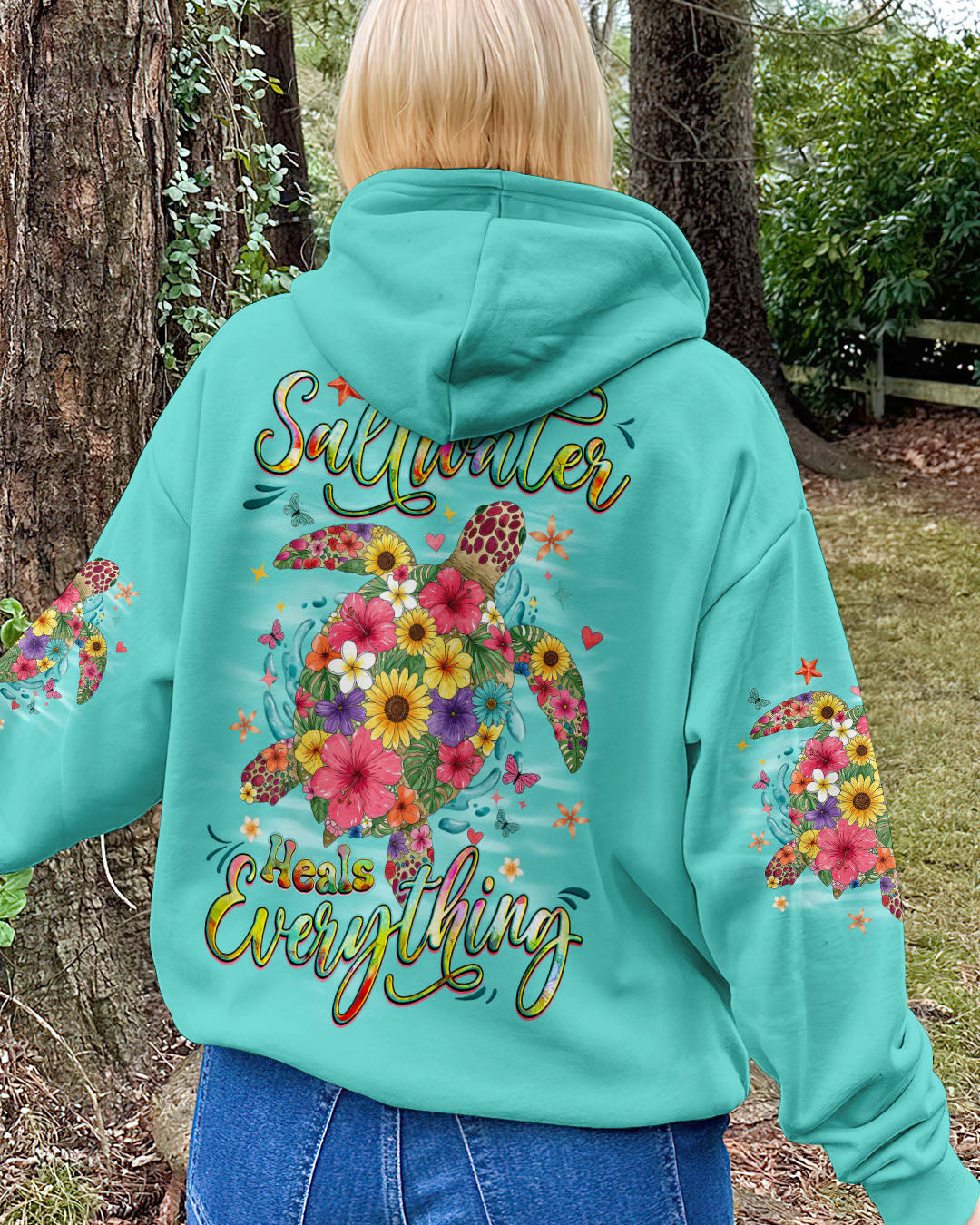 BLISSCORNERS SALTWATER HEALS EVERYTHING TURTLE FLOWERS ALL OVER PRINT