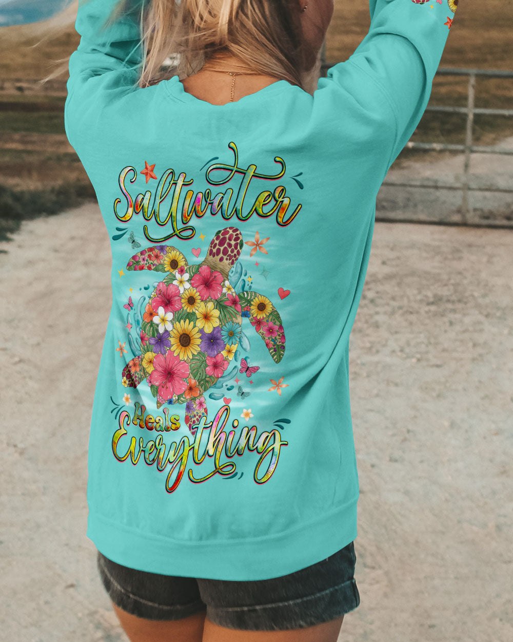 BLISSCORNERS SALTWATER HEALS EVERYTHING TURTLE FLOWERS ALL OVER PRINT