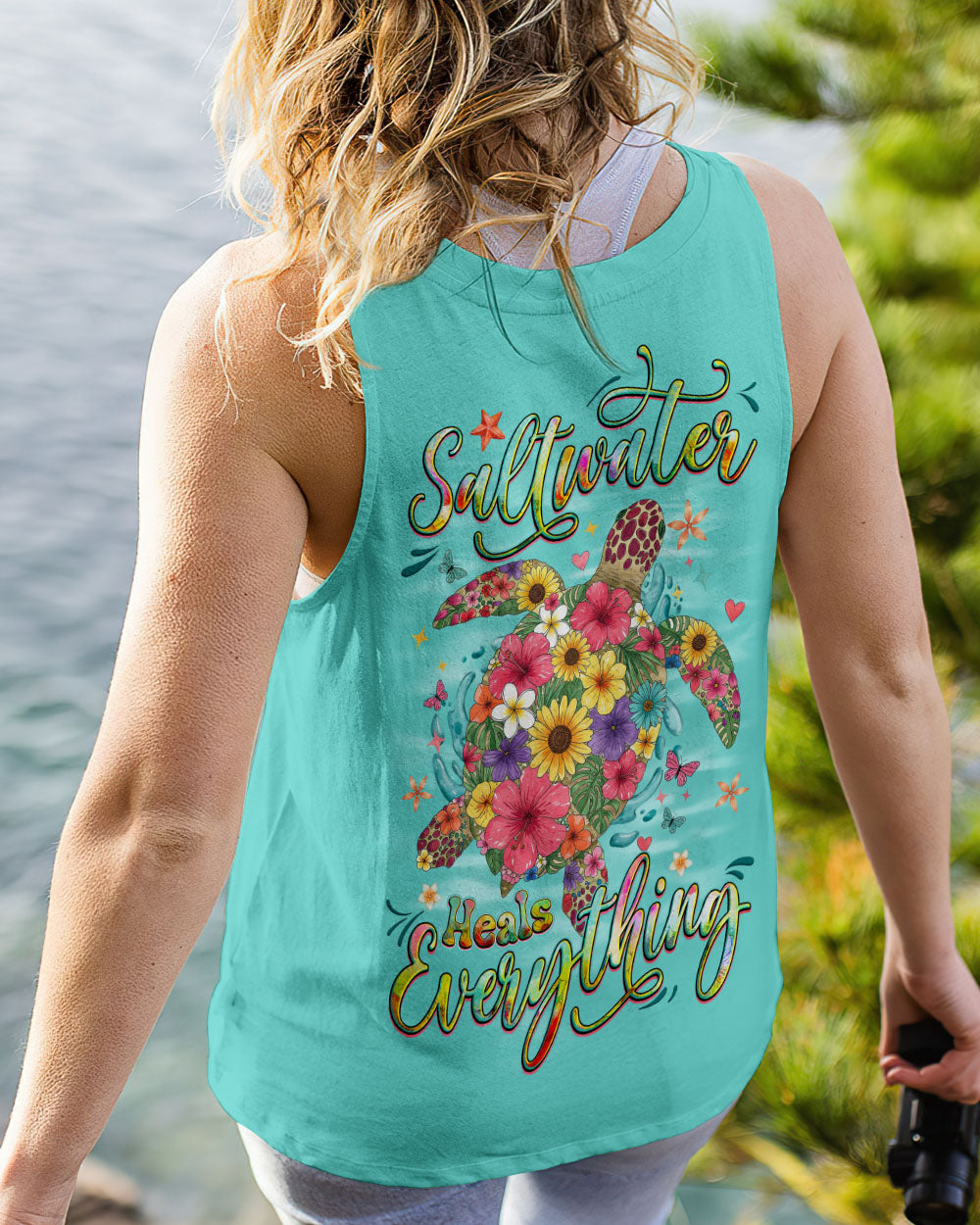 BLISSCORNERS SALTWATER HEALS EVERYTHING TURTLE FLOWERS ALL OVER PRINT