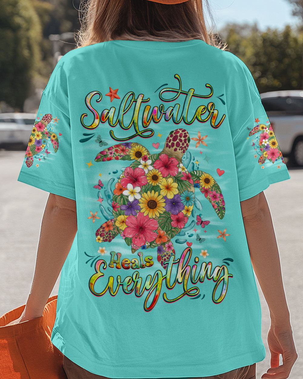 BLISSCORNERS SALTWATER HEALS EVERYTHING TURTLE FLOWERS ALL OVER PRINT