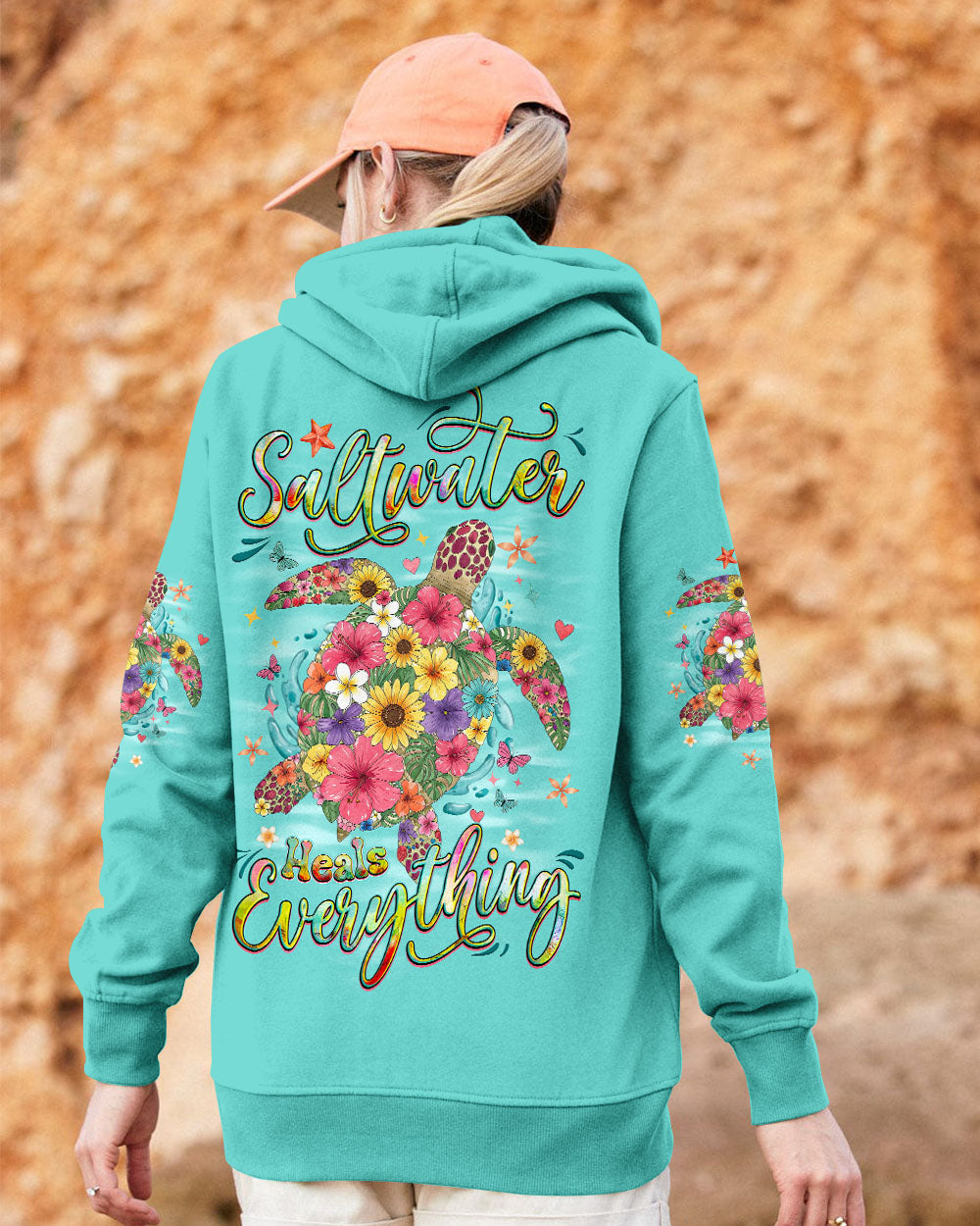 BLISSCORNERS SALTWATER HEALS EVERYTHING TURTLE FLOWERS ALL OVER PRINT