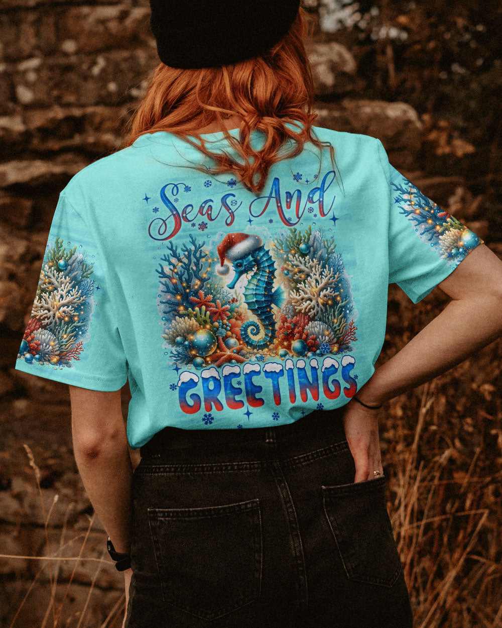 BLISSCORNERS SEAS AND GREETINGS SEAHORSE CHRISTMAS ALL OVER PRINT