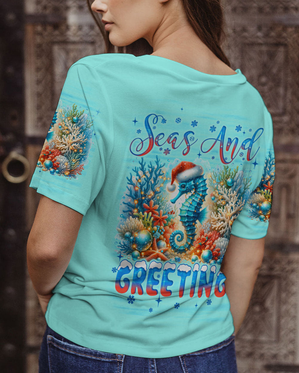 BLISSCORNERS SEAS AND GREETINGS SEAHORSE CHRISTMAS ALL OVER PRINT