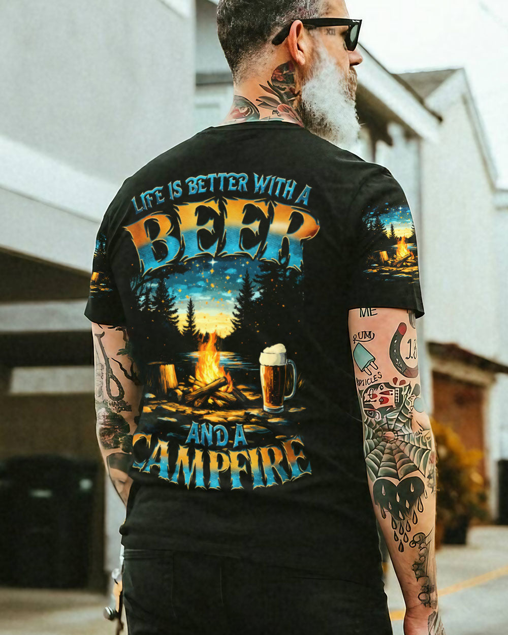 BLISSCORNERS LIFE IS BETTER WITH A BEER AND A CAMPFIRE ALL OVER PRINT