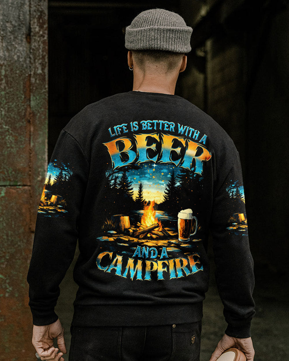 BLISSCORNERS LIFE IS BETTER WITH A BEER AND A CAMPFIRE ALL OVER PRINT