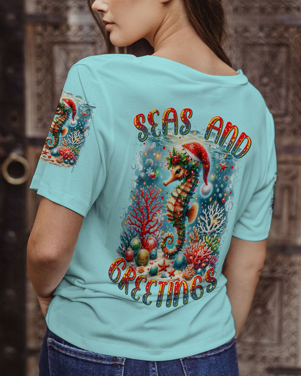 BLISSCORNERS SEAS AND GREETINGS SEAHORSE CHRISTMAS ALL OVER PRINT