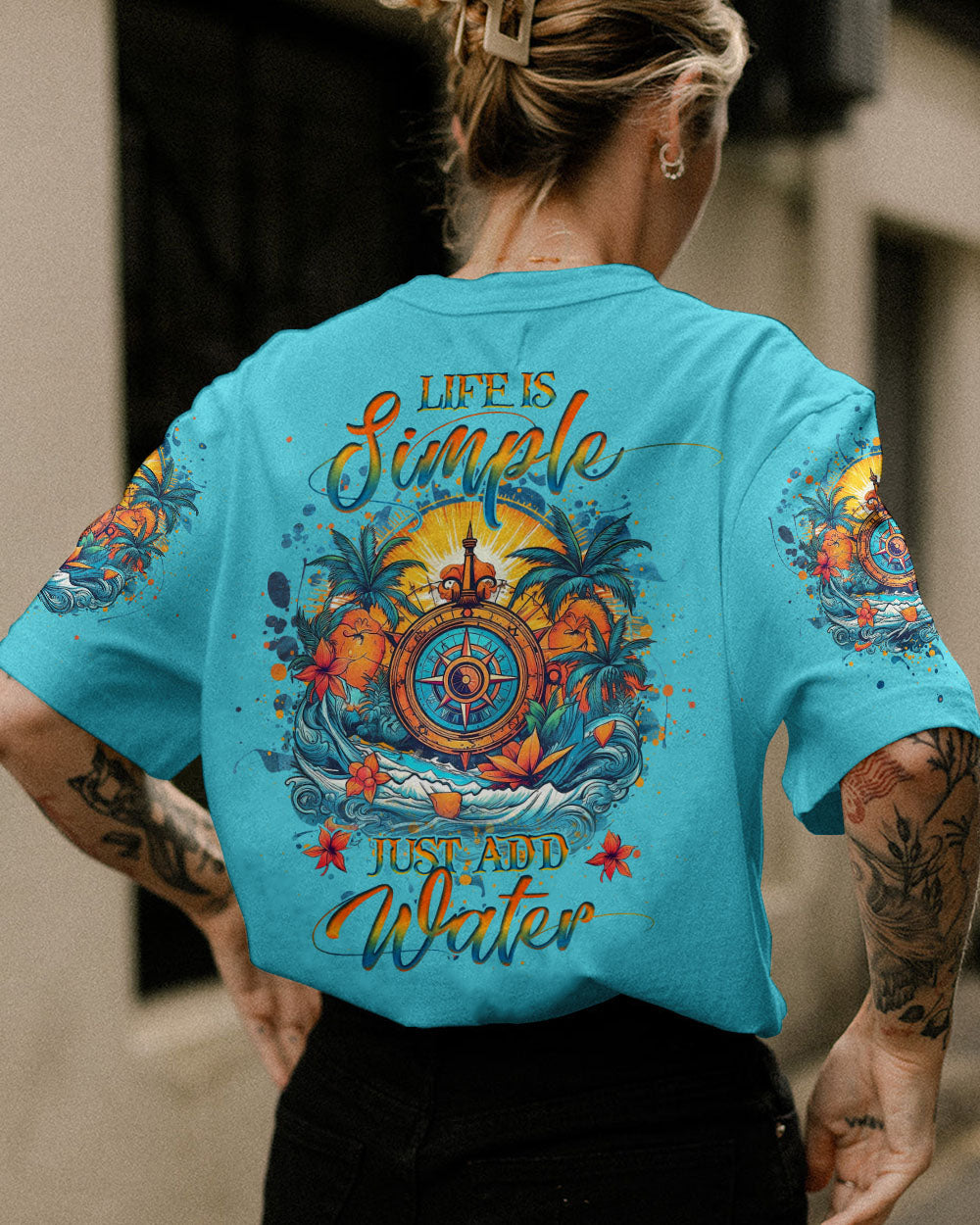 BLISSCORNERS LIFE IS SIMPLE JUST ADD WATER COMPASS ALL OVER PRINT